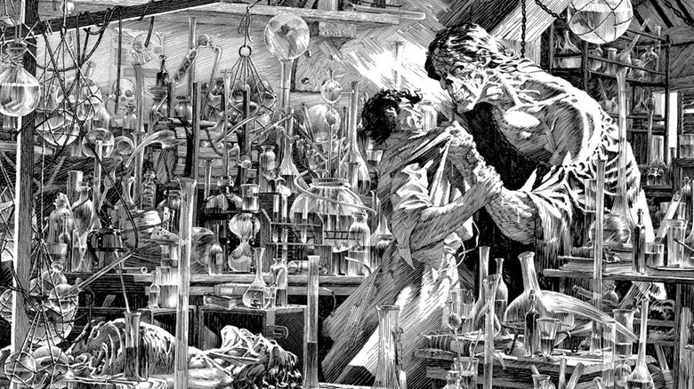 Bernie Wrightson's Frankenstein the Monster holding Victor Frankenstein in the lab