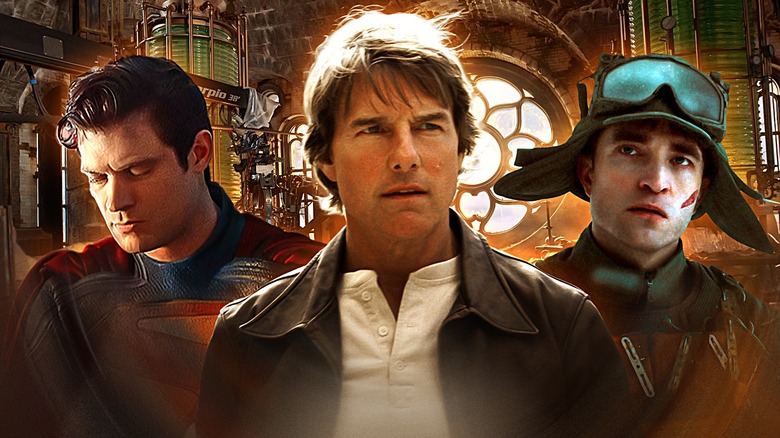 A composite image of Tom Cruise's Ethan Hunt, David Corenswet's Superman, and Robert Pattinson from Mickey 17