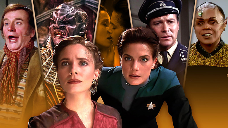 A collage of Lenara Kahn (Susanna Thompson) and Jadzia Dax (Terry Farrell) from Star Trek: Deep Space Nine in front of themselves kissing, Danilo Odell (Barrie Ingham) from Star Trek: The Next Generation, T'Kuvma (Chris Obi) from Star Trek: Discovery, Captain Kirk (William Shatner) from Star Trek: The Original Series, and Tuvix (Tom Wright) from Star Trek: Voyager