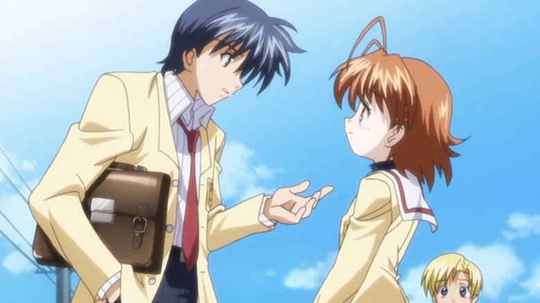 Tomoya speaks with Nagisa outside in Clannad