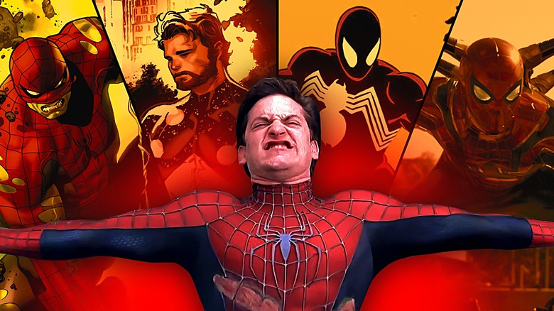 Composite image of Spider-Hulk, Cosmic Spider-Man, Symbiote Spider-Man, Tom Holland's Iron Spider, and Tobey Maguire's Spider-Man