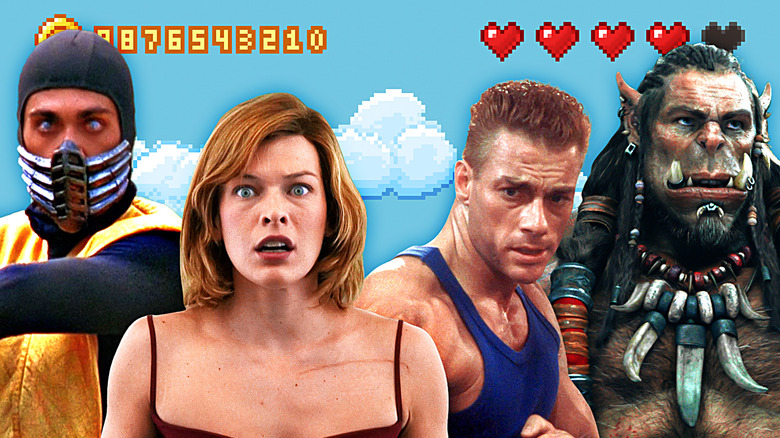 Chris Casamass as Scorpion, Milla Jovovich as Alice, Jean-Claude Van Damme as Guile, and Durotan, the Warcraft character voiced by Toby Klebbell, edited onto a video game back drop.