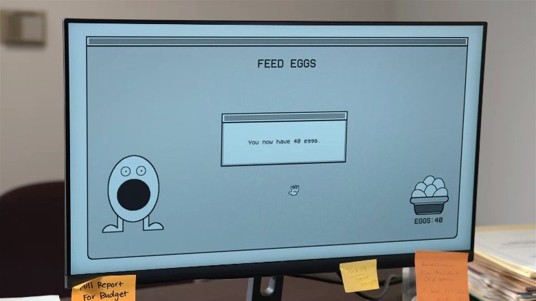 Video game screen featuring egg with open mouth