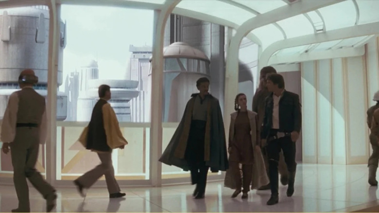 Lando escorting Han, Leia, and Chewie through Cloud City