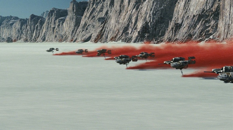 Resistance speeders skimming along Crait