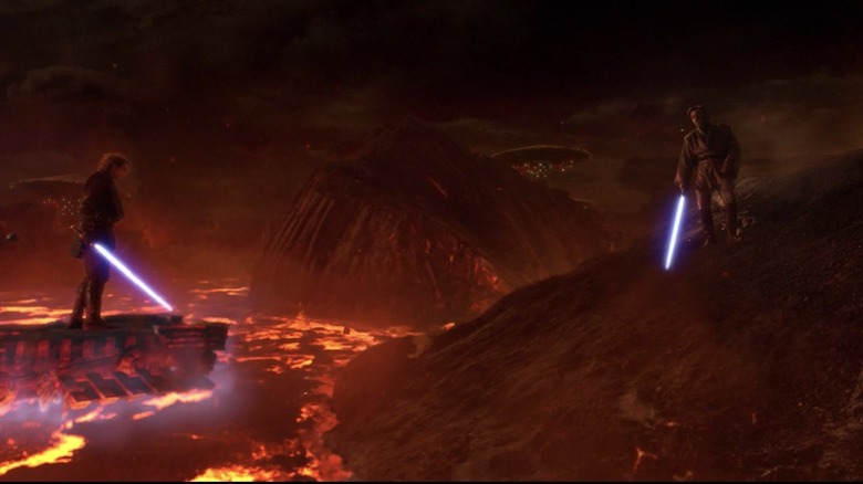 Anakin and Obi-Wan dueling on Mustafar