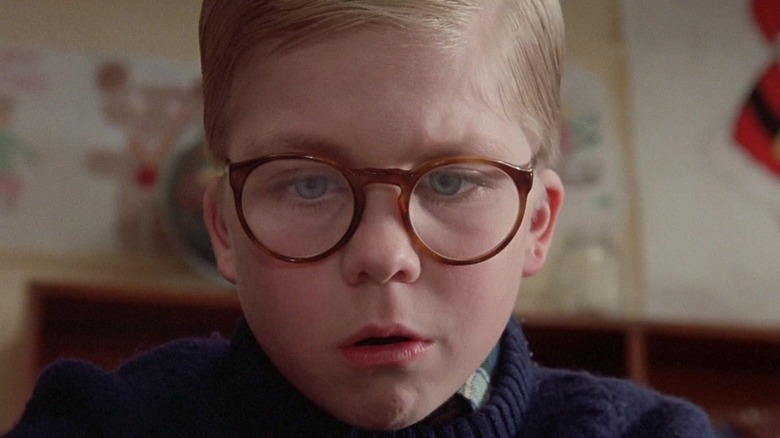 Peter Billingsley as Ralphie stares in bewilderment in A Christmas Story.