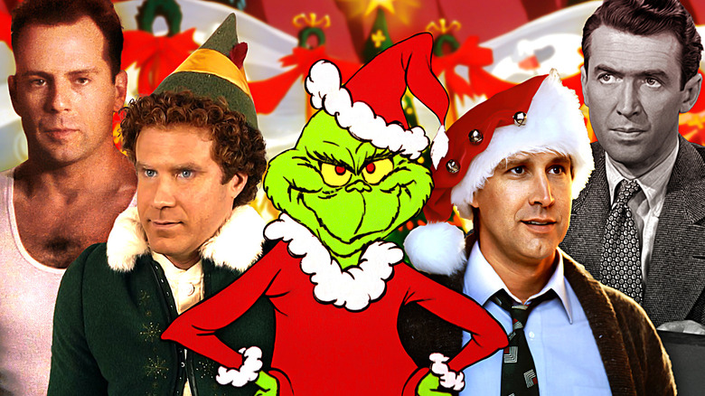 Collage photo of Bruce Willis as John McClane, Will Ferrell as Buddy Hobbs, the Grinch, Chevy Chase as Clark Griswald, and Jimmy Stewart as George Bailey.