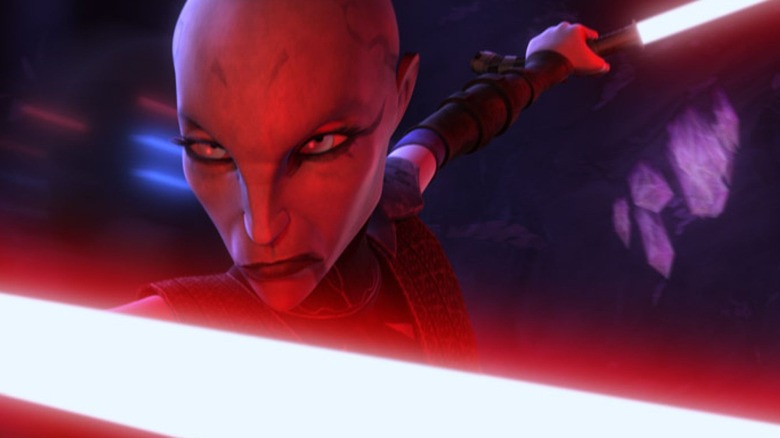Asajj Ventress fights with lightsabers
