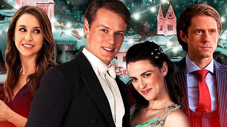 Lacey Chabert Sam Heughan Katie McGrath Aaron Tveit with Christmas background