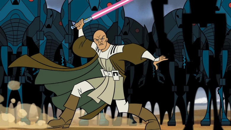 Mace Windu fights battle droids