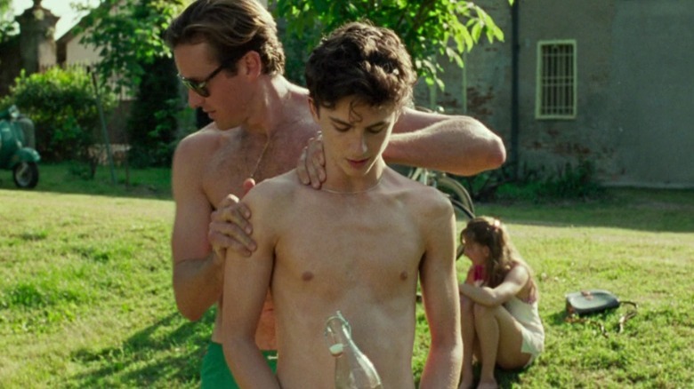 Armie Hammer and Timothee Chalamet without shirts