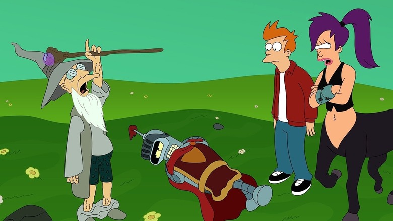 Futurama, fantasy Farnsworth, Bender, Fry and Leela