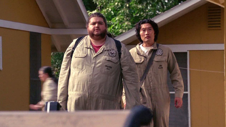 Hurley and Jin in Dharma uniforms lost
