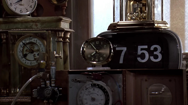 Various alarm clocks in Doc Brown's garage in the 