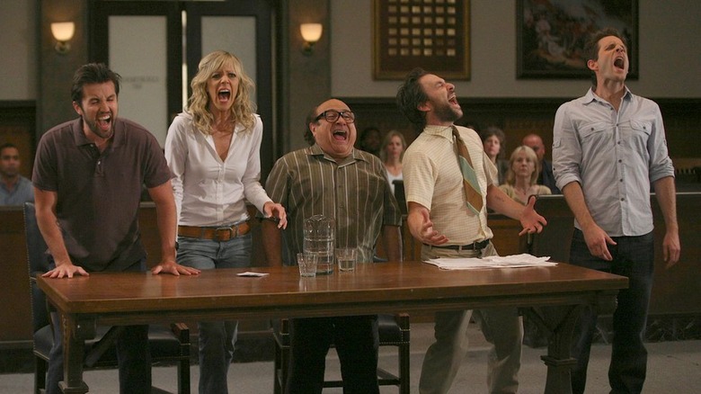 The gang in court yelling It's Always Sunny in Philadelphia