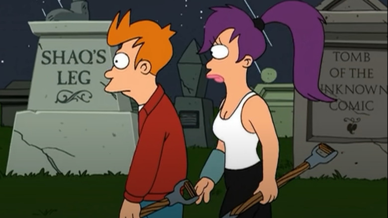 Fry and Leela walking through cemetery