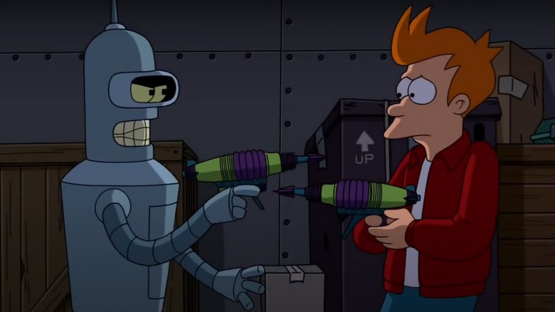 Bender and Fry pointing guns at each other