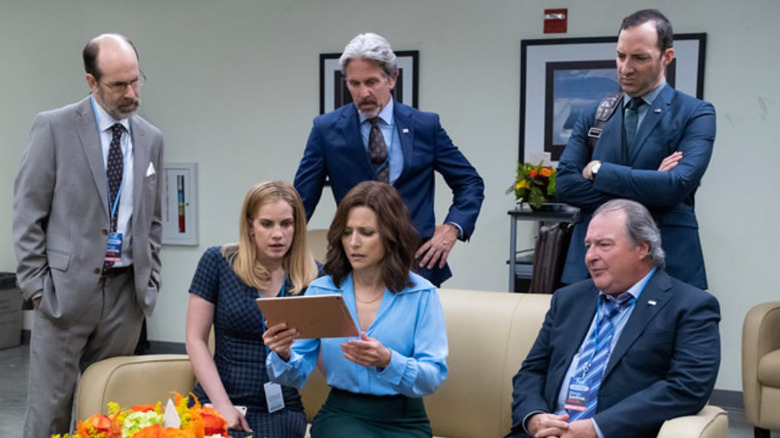 Veep's Selina Meyer staring blankly