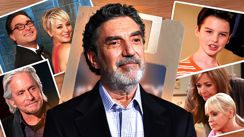 Chuck Lorre next to characters from his various TV sitcoms