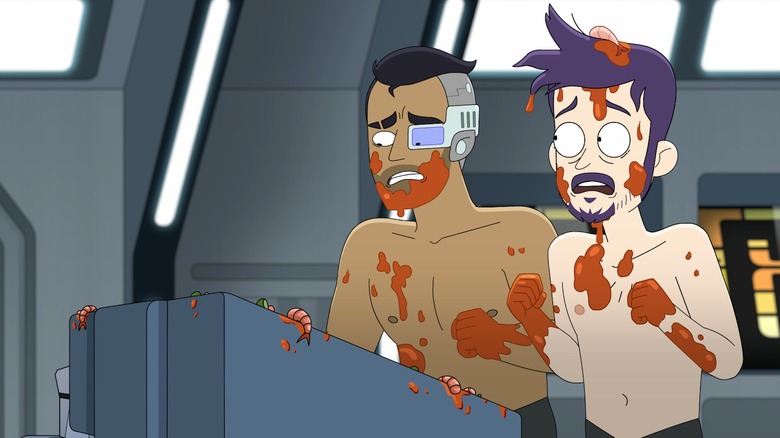 Rutherford and Boimler, shirtless and covered in cocktail sauce, panic in Star Trek: Lower Decks