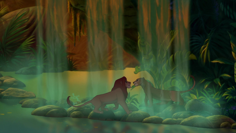 Simba and Nala under a waterfall, looking lovey-dovey in The Lion King