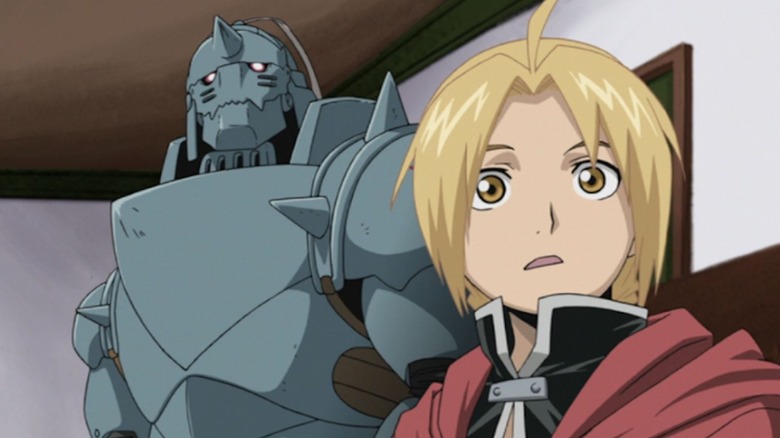 Al and Edward looking confused at the distance in Fullmetal Alchemist