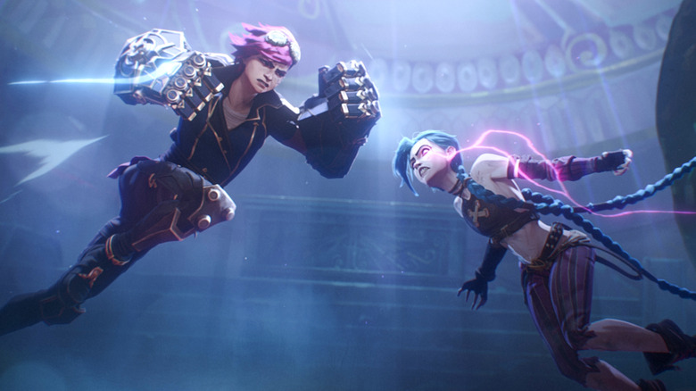 Vi and Jinx launching at each other fists at the ready in Arcane