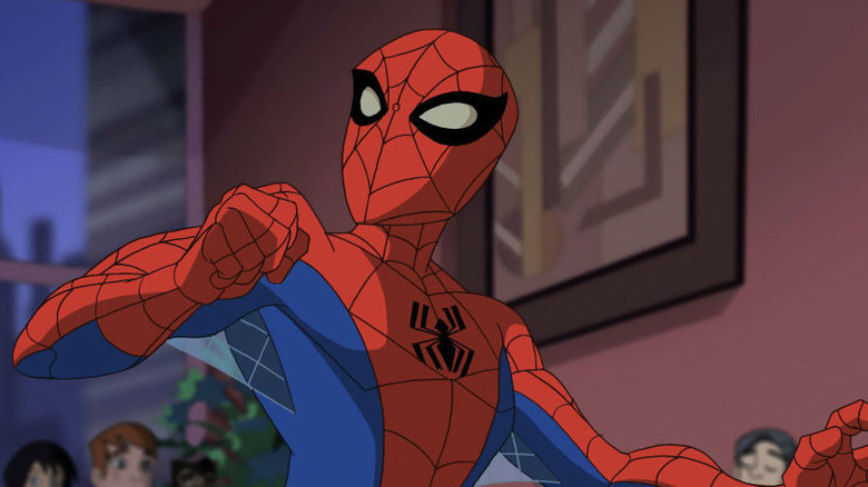 Spectacular Spider-Man looking at something offscreen in ballroom party