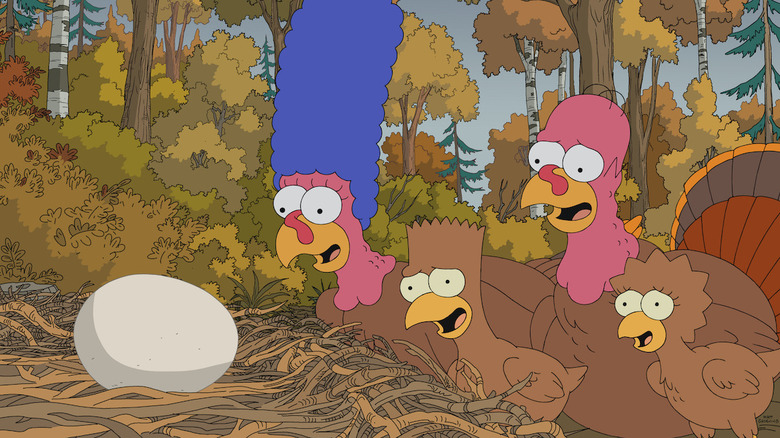 The Simpsons as turkeys looking at an unhatched egg in The Simpsons