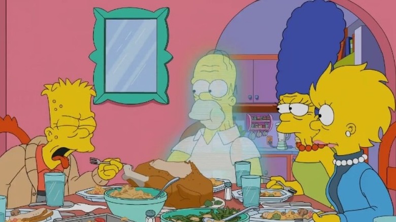 Bart is shoking on Thanksgiving food while a holographic Homer watches in The Simpsons