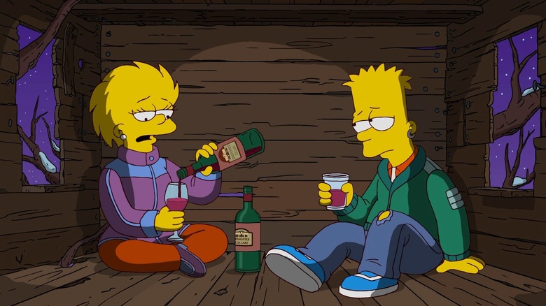 Bart and Lisa sharing a bottle of wine inside their treehouse in The Simpsons