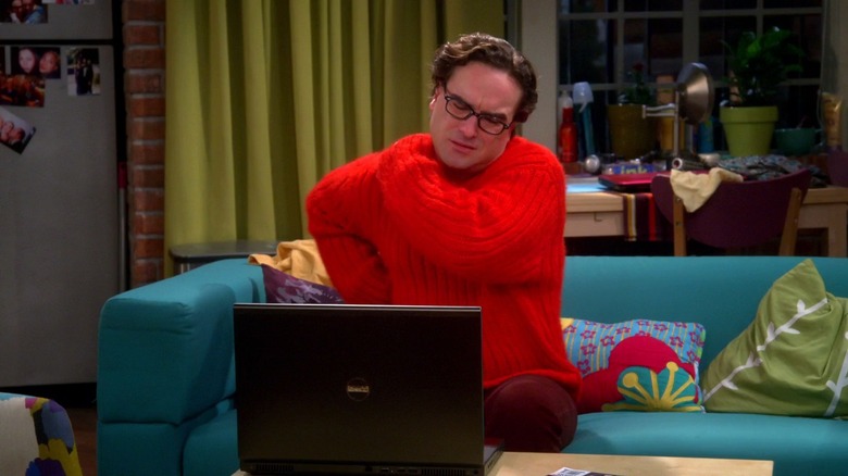 Leonard on couch red sweater Big Bang Theory