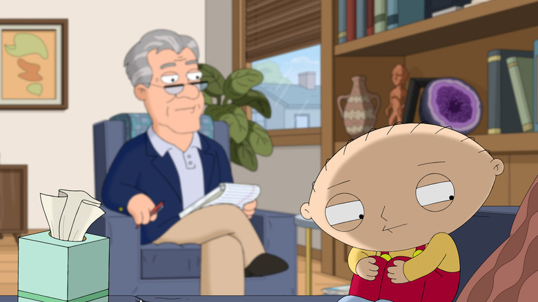 Stewie at his therapist's office in Family Guy