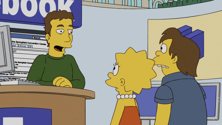 Mark Zuckerberg talks to Lisa and Nelson at a convention in The Simpsons