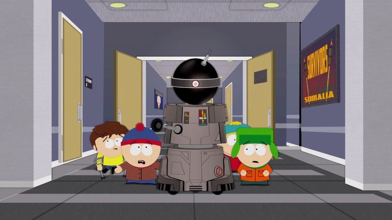 Trey Parker's Jimmy, Stan, and Funnybot, and Cartman in a corridor with Matt Stone's Kyle on South Park