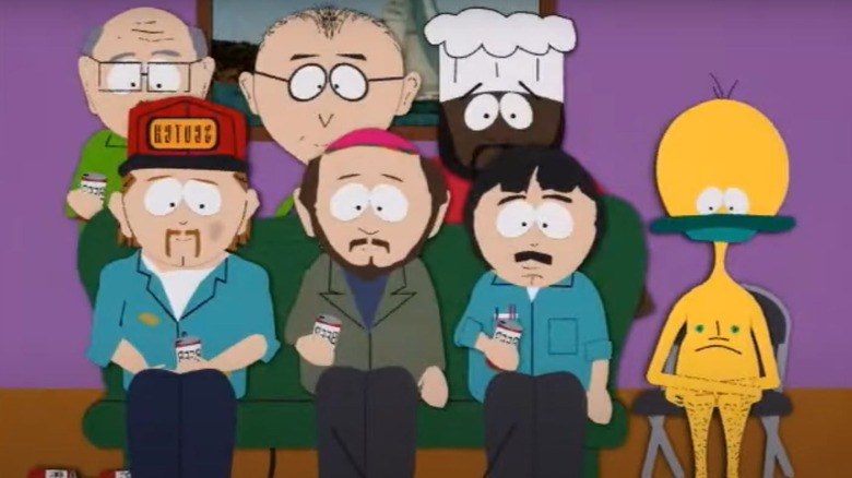 Matt Stone's Jakov the Jakovasaur sitting with townspeople on South Park