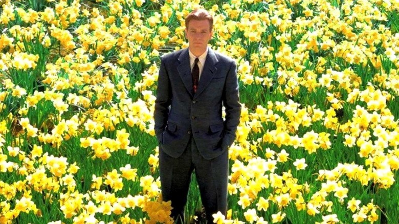 Ewan MacGregor stands in a daffodil field