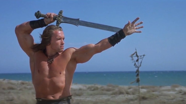 Arnold Schwarzenegger training with a sword