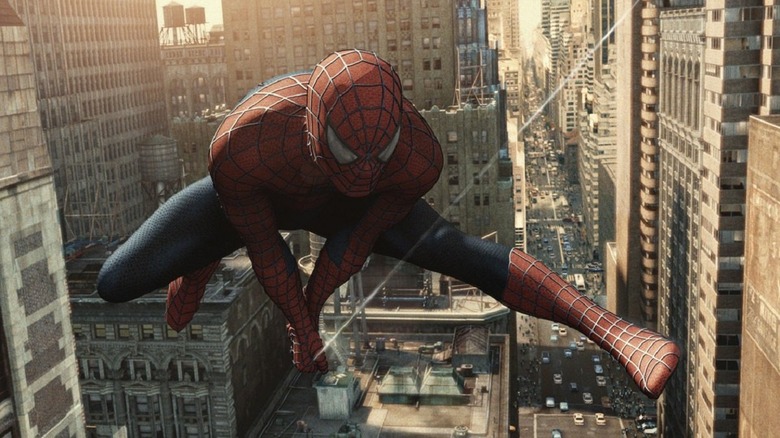 Tobey Maguire swinging across New York City