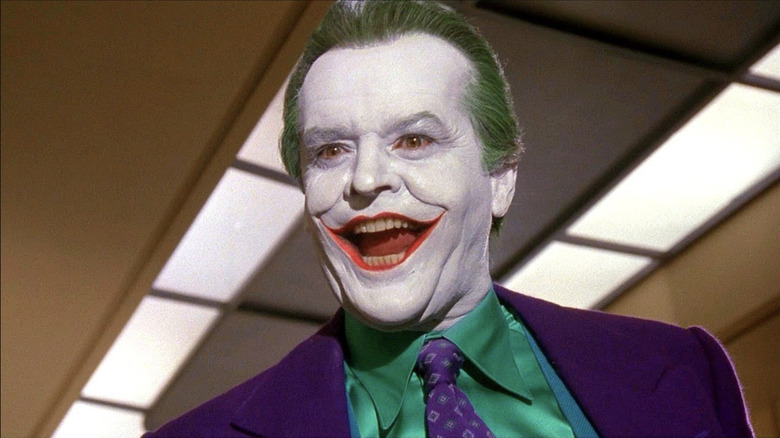 Jack Nicholson wearing white face paint as the Joker in Batman 1989