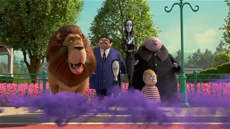 Addams Family stand in park with purple smoke