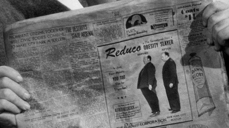 A newspaper ad featuring Alfred Hitchcock in his 1944 film Lifeboat