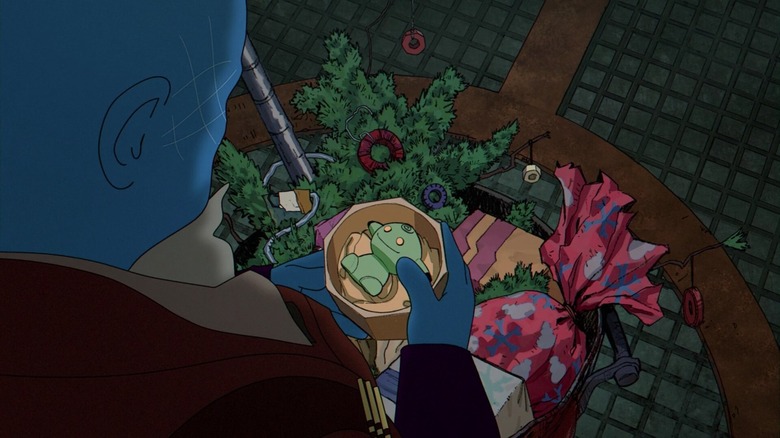 Yondu with little alien present in The Guardians of the Galaxy Holiday Special