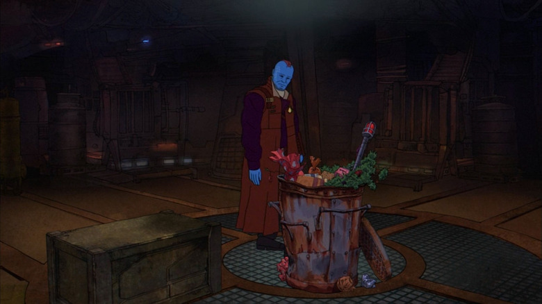 Yondu and a garbage can in The Guardians of the Galaxy Holiday Special 