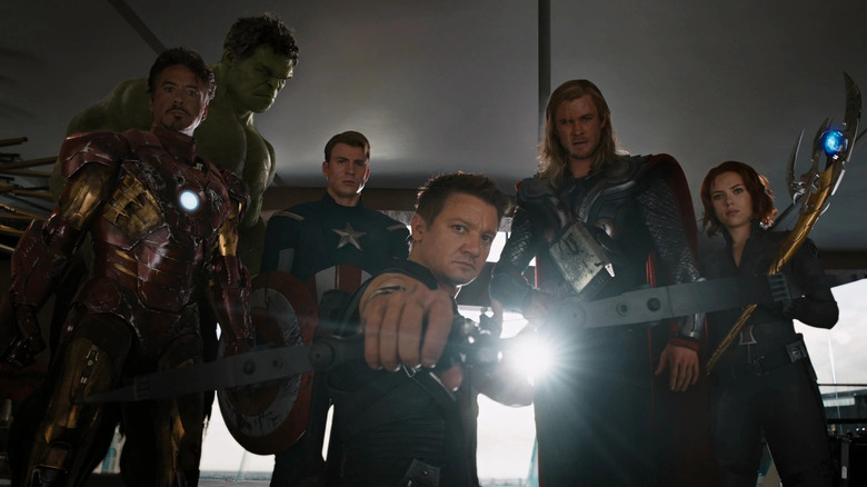 Robert Downey Jr., Mark Ruffalo, Chris Evans, Jeremy Renner, Chris Hemsworth, and Scarlett Johansson as Iron Man, Hulk, Captain America, Hawkeye, Thor, and Black Widow in The Avengers