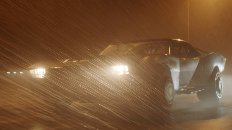 The Batman Batmobile in the rain