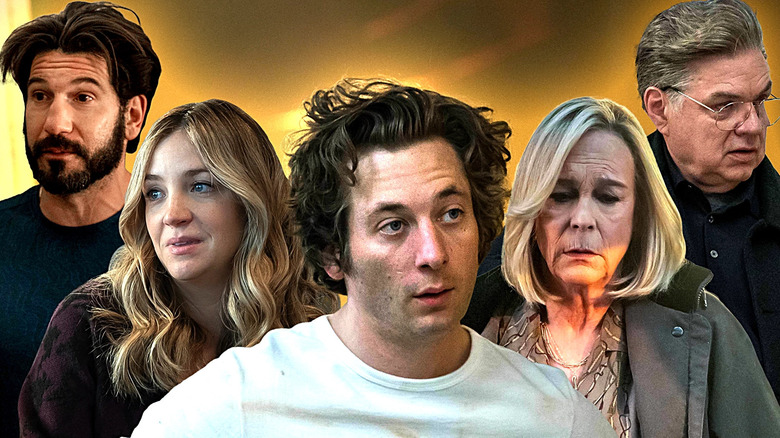 Images of of the Berzatto family from The Bear including John Bernthal's Michael, Abby Elliot's Natalie, Jeremy Allen White's Carmen, Jamie Lee Curtis' Donna, and Oliver Platt's Uncle Jimmy edited together.