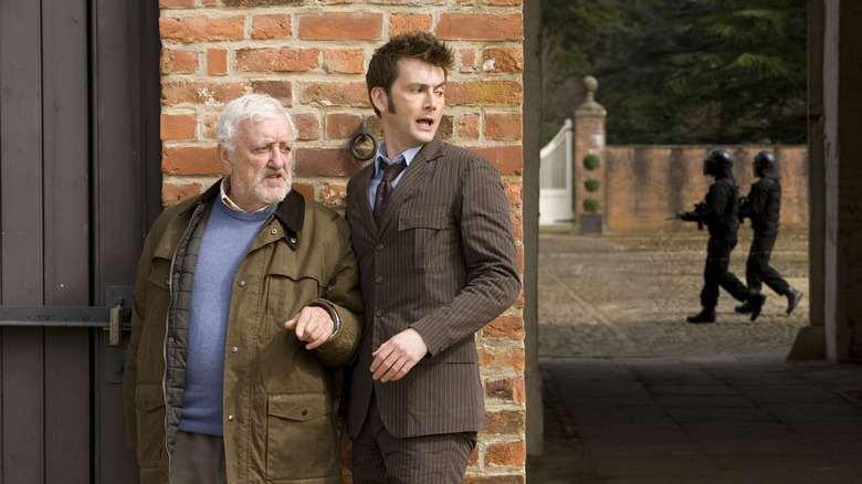 Doctor Who, the Doctor and Wilfred are in hiding