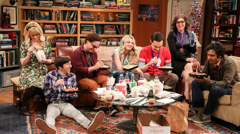 The Big Bang Theory gang eating takeout food